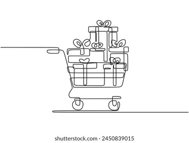 Single continuous line art shopping cart trolley.
