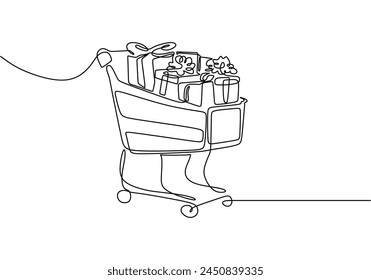 Single continuous line art shopping cart trolley.