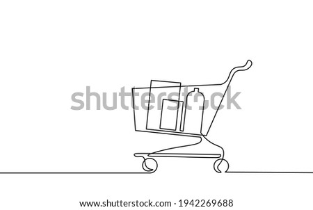 Single continuous line art shopping cart . Test system strategy concept. Online shop trade market. Buy now banner template. Design one stroke sketch outline drawing vector illustration