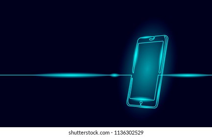 Single continuous line art smartphone. Mobile phone touch screen gadget modern technology neon blue glow design one sketch outline drawing vector illustration