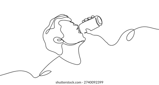 Single continuous line art style: A person is drinking from a can of soda.