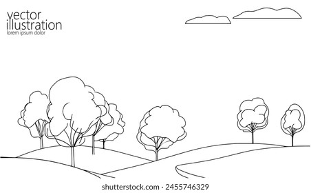  Single continuous line art tree park alley. Outdoors garden landscape design one sketch outline drawing vector illustration