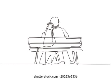 Single continuous line back view embracing married couple sitting on bench. Cute couple in relationship in love. Happy man hugging his partner woman. One line draw graphic design vector illustration