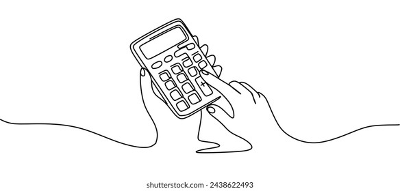 Single continuous line calculator in hands. Outline minimalist style, One line drawing calculator. 