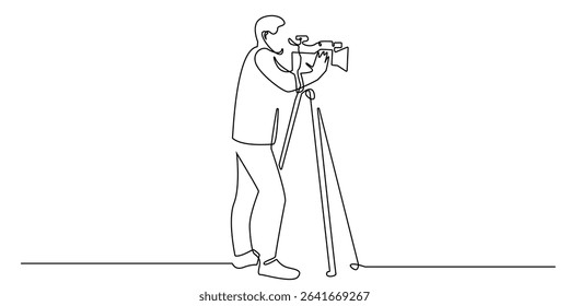 single continuous line of cameraman.single line of man with camera taking video,filming process,film making.vector illustration eps 10