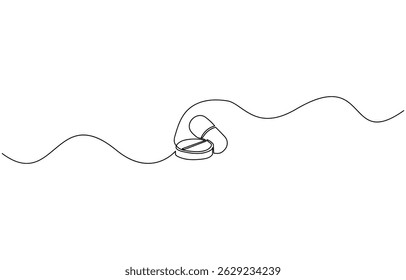 single continuous line capsule tablets line art vector illustration, One continuous line drawing of pills medicine . Single line of pills medicine vector illustration.