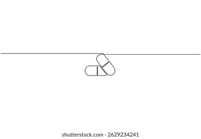 single continuous line capsule tablets line art vector illustration, One continuous line drawing of pills medicine . Single line of pills medicine vector illustration.