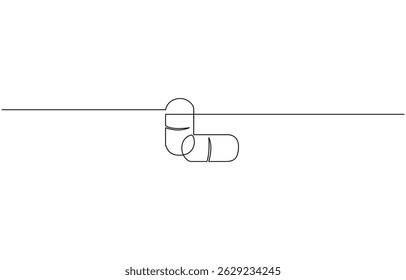 single continuous line capsule tablets line art vector illustration, One continuous line drawing of pills medicine . Single line of pills medicine vector illustration.