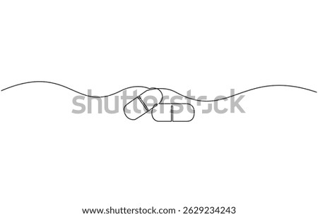 single continuous line capsule tablets line art vector illustration, One continuous line drawing of pills medicine . Single line of pills medicine vector illustration.