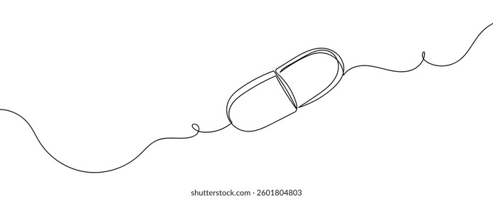 Single continuous line, capsule-type tablet line art vector business illustration with transparent background.