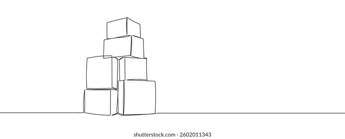 Single continuous line of cardboard boxes line art vector illustration with transparent background.