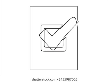 Single continuous line check icon silhouette. Approved test correct right element concept design.	