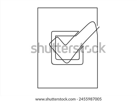 Single continuous line check icon silhouette. Approved test correct right element concept design.	