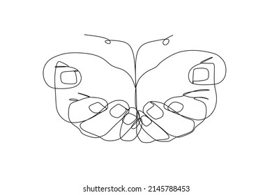 Single continuous line of close-up two empty open palm gesture isolated on white background. Two hands opened together vector illustration.