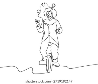 Una sola línea continua de un payaso montando en un monociclo, una actuación acrobática. Ilustración vectorial de dibujo de una sola línea.