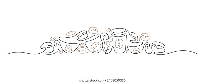 Single continuous line of coffee cup, roasted beans. Hot drink. Vector sketch minimal symbol for cafe shop, food design. Abstract silhouette concept. Editable stroke