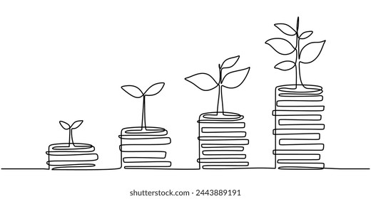 Single continuous line of coins stacks, money, saving and investment