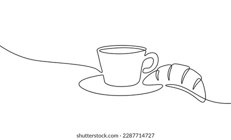 Arte de croissant de línea única. Café por la mañana café café panadería francesa con logo de la silueta. Concepto diseño un esbozo ilustración de vector de esquema