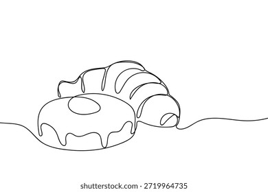 Eine einzige, durchgehende Linie von Croissants und Donuts. Illustration des Lebensmittelkonzepts. Minimalistisch