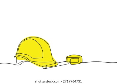 A single, continuous line depicting an engineer's hat and a measuring tape an illustration of an engineering concept. Minimalist.