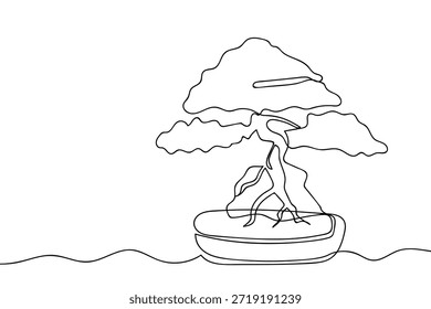 Eine einzige, durchgehende Linie zeigt eine schöne Bonsai-Pflanze. Einzeiliges Kunstdesign.