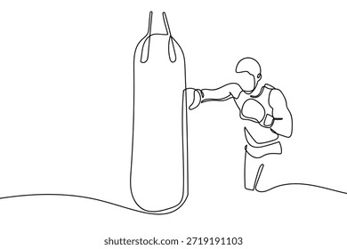 A single, continuous line depicts a boxer training by punching a sandbag. The image illustrates the sport of boxing, showing a man exercising through boxing. Single line art design Single line art design.