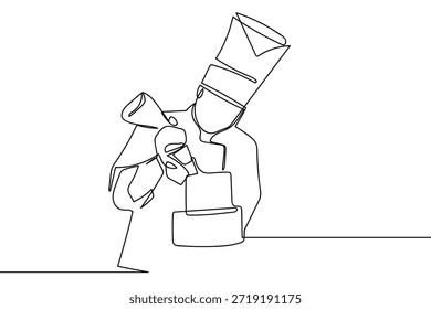 Una sola línea continua representa a un chef haciendo un pastel. Diseño de arte de una sola línea.