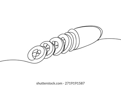 Uma única linha contínua representa um pepino sendo fatiado ​​em pedaços. Design artístico de linha única.