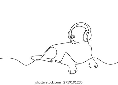 Eine einzige, durchgehende Linie zeigt einen Hund, der Kopfhörer trägt. Einzeiliges Kunstdesign.