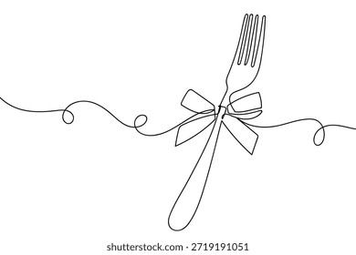 Una sola línea continua representa un tenedor atado con un lazo de cinta. Diseño de arte de una sola línea.