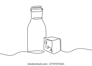 Eine einzige, durchgehende Linie zeigt eine Glasmilchflasche und einen Käseblock. Einzeiliges Kunstdesign.