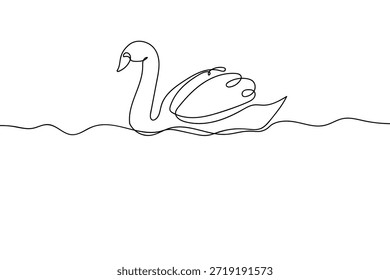 Eine einzige, durchgehende Linie zeigt eine Gans, die im Fluss schwimmt. Einzeiliges Kunstdesign.