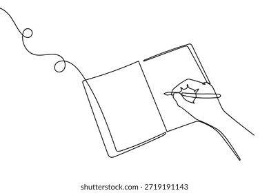 Eine einzige, durchgehende Linie zeigt eine Hand, die einen Stift hält und von oben nach unten schreibt. Einzeilige Zeichnung