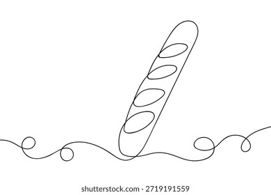 Uma única linha contínua representa um pão longo e fino de pão francês. Design artístico de linha única.