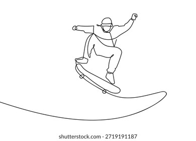 A single, continuous line depicts a man performing a graceful skateboarding jump. Single line art design.
