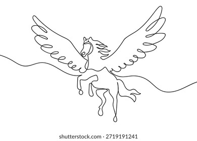 Una sola línea continua representa a Pegaso, un caballo alado. Diseño de arte de una sola línea.