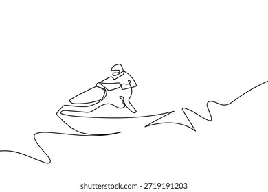 A single, continuous line depicts a person riding a jet ski. Single line art design.