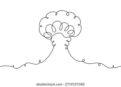 Una sola línea continua representa una columna de humo de una Grande explosión. Diseño de arte de una sola línea.