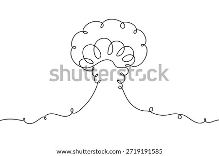 A single, continuous line depicts a plume of smoke from a large explosion. Single line art design.