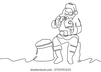 Una sola línea continua representa a Santa Claus arrojando monedas en una hucha. Diseño de arte de una sola línea.