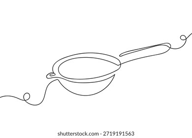A single, continuous line depicts a sieve used for sifting flour in baking. Single line art design.
