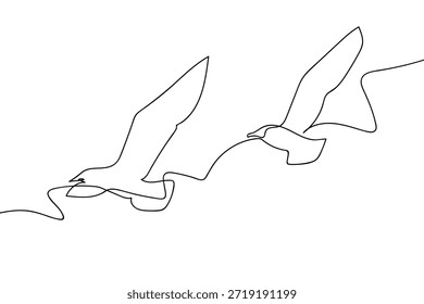 Eine einzige, durchgehende Linie zeigt zwei Schwalben, die gemeinsam am Himmel fliegen. Einzeiliges Kunstdesign.