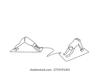 Una sola línea continua representa a dos personas haciendo ejercicio haciendo yoga. Diseño de arte de una sola línea.