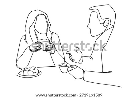 A single, continuous line depicts two people, a man and a woman, talking while drinking coffee in the morning. Single line art design.
