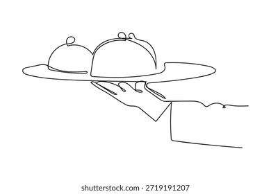 A single, continuous line depicts a waiter's hand holding a tray of food, preparing to serve it in a restaurant. Single line art design.
