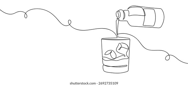 A single continuous line design of liquor being poured into a glass. simple linear style Doodle vector illustration