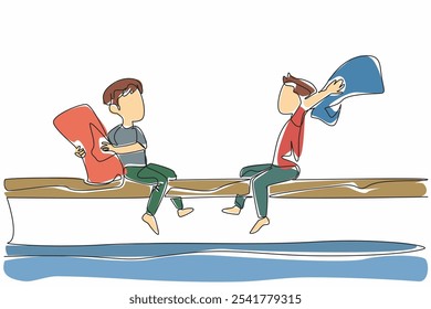 Single continuous line drawing 2 boys sitting on a big tree holding pillows under the tree is a pool. Compete. Attack.  Be a winner. International Pillow Fight Day. One line design vector illustration