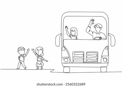 Single continuous line drawing 2 male and female students walking out of the school bus. Take the home safely. Responsible. School Bus Driver Appreciation Day. One line design vector illustration