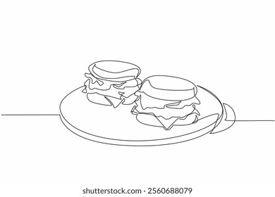 Single continuous line drawing 2 pcs English muffins on a round wooden cutting board. Will be served to a more appropriate place. National English Muffin Day. One line design vector illustration