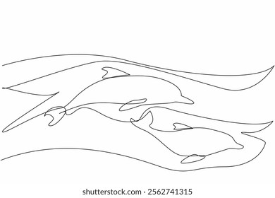 Single continuous line drawing 2 dolphins swimming. Aquatic mammals are known for their high intelligence. Jumping out of the water. Habits. National Dolphin Day. One line design vector illustration